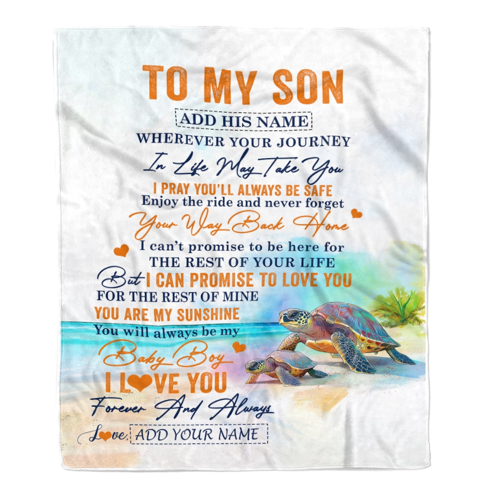 Personalized To My Son Gifts Blanket From Mom Dad Mother Wherever Your Journey In Life Turtle Son Birthday Gifts Graduation Customized Fleece Throw Blanket | siriusteestore