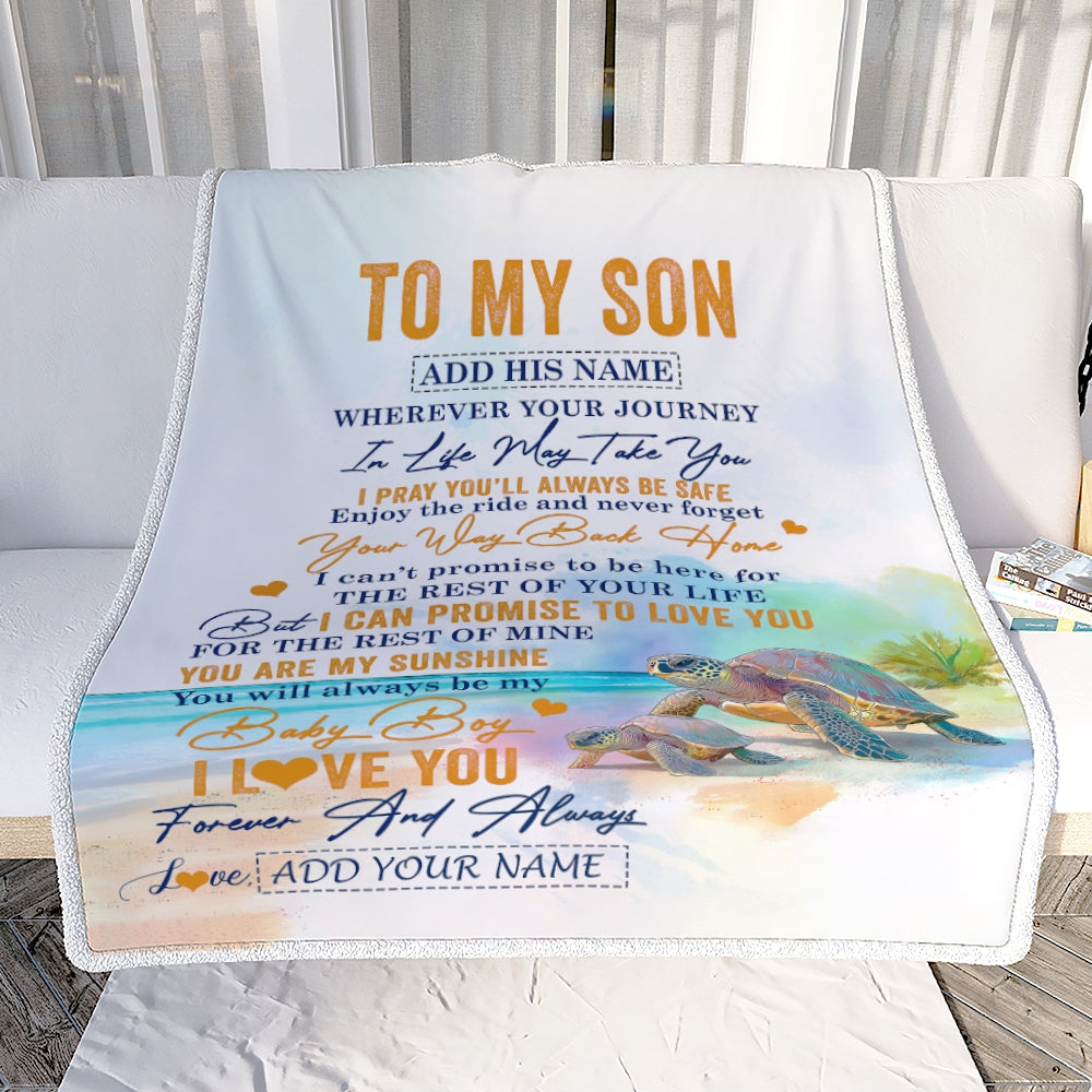 Personalized To My Son Gifts Blanket From Mom Dad Mother Wherever Your Journey In Life Turtle Son Birthday Gifts Graduation Customized Fleece Throw Blanket | siriusteestore