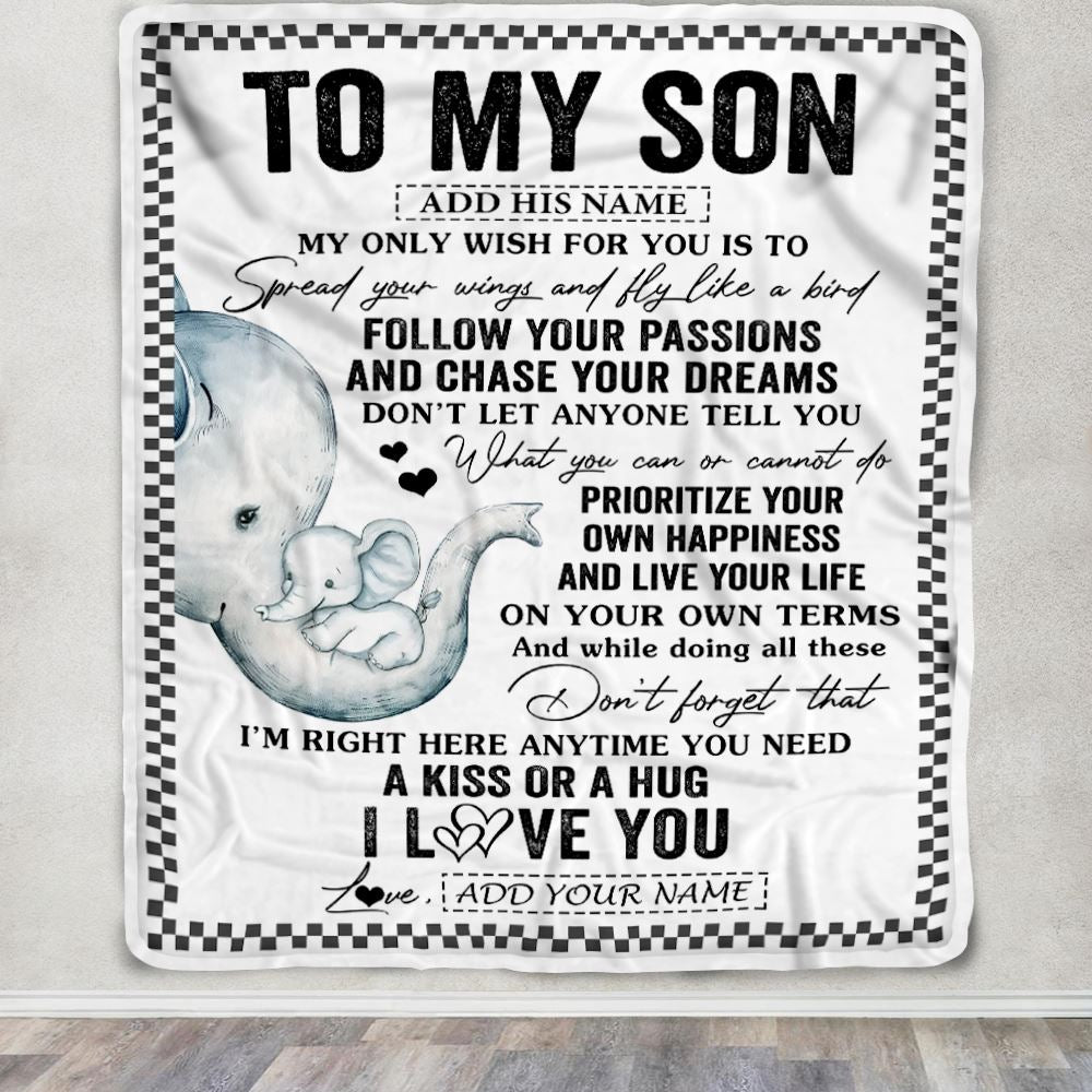 Personalized To My Son Gifts Blanket From Mom Mother Elephant My Only Wish For You Son Birthday Gifts Graduation Christmas Customized Fleece Throw Blanket | siriusteestore