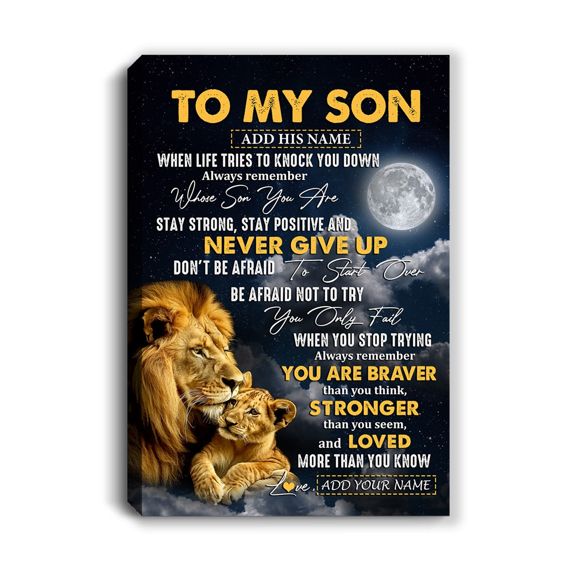 Personalized To My Son Gifts Canvas From Dad Mom Father Lion Never Give Up Son Birthday Gifts Graduation Christmas Custom Wall Art Print Framed Canvas | siriusteestore