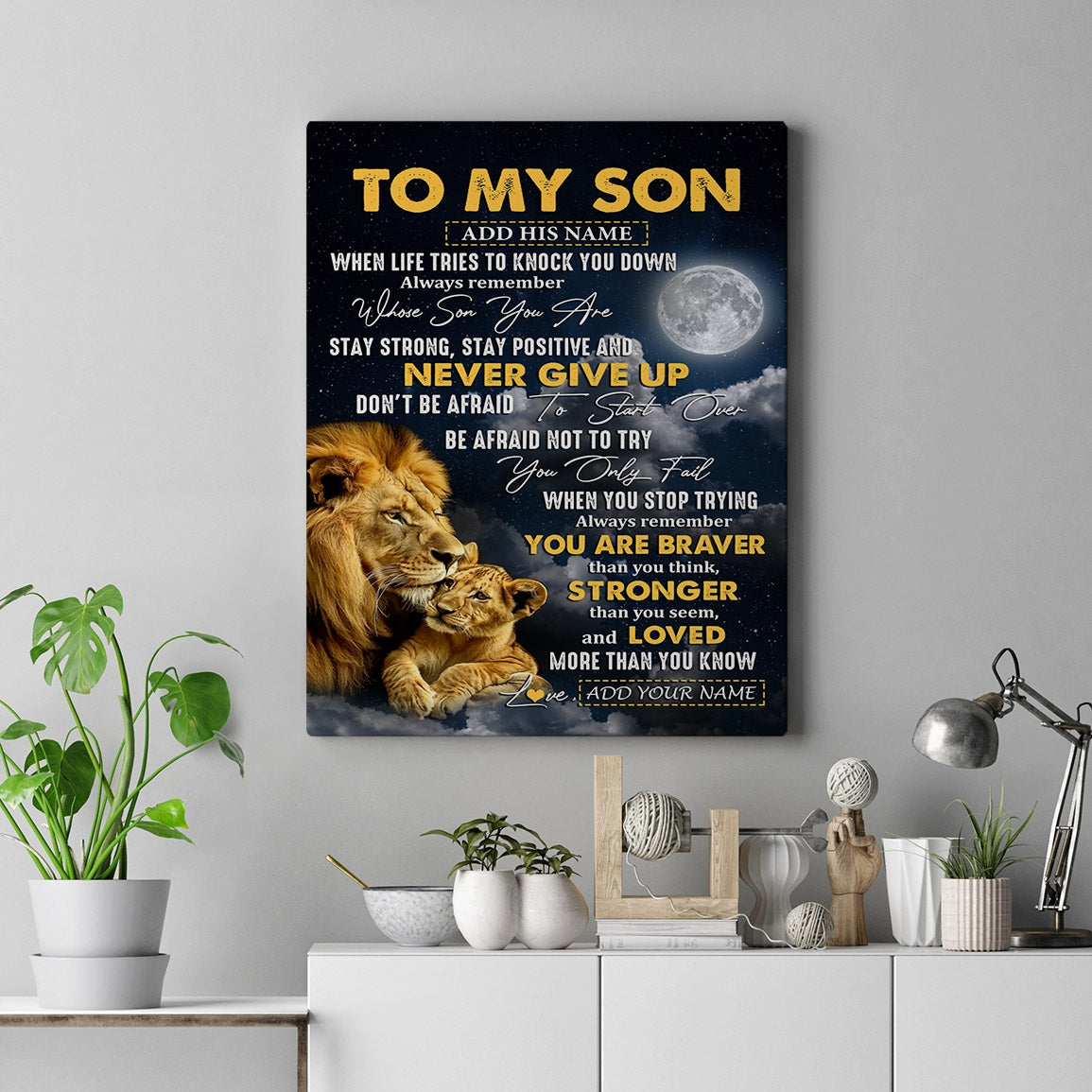 Personalized To My Son Gifts Canvas From Dad Mom Father Lion Never Give Up Son Birthday Gifts Graduation Christmas Custom Wall Art Print Framed Canvas | siriusteestore