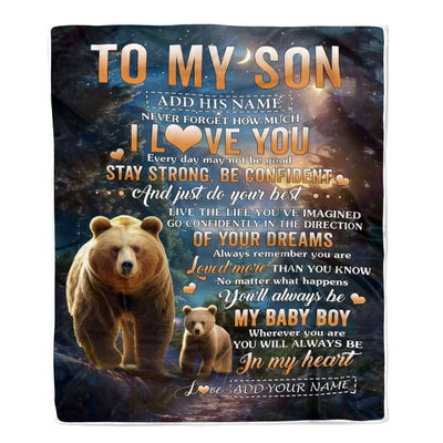 Personalized To My Son Gifts From Mom Dad Mother Father Blanket Bear Never Forget How Much I Love You Son Birthday Graduation Christmas Fleece Throw Blanket | siriusteestore