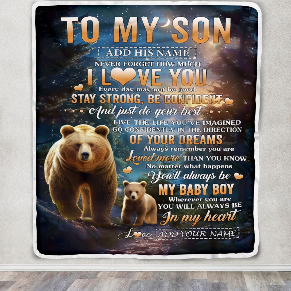 Personalized To My Son Gifts From Mom Dad Mother Father Blanket Bear Never Forget How Much I Love You Son Birthday Graduation Christmas Fleece Throw Blanket | siriusteestore