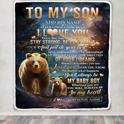 Personalized To My Son Gifts From Mom Dad Mother Father Blanket Bear Never Forget How Much I Love You Son Birthday Graduation Christmas Fleece Throw Blanket | siriusteestore