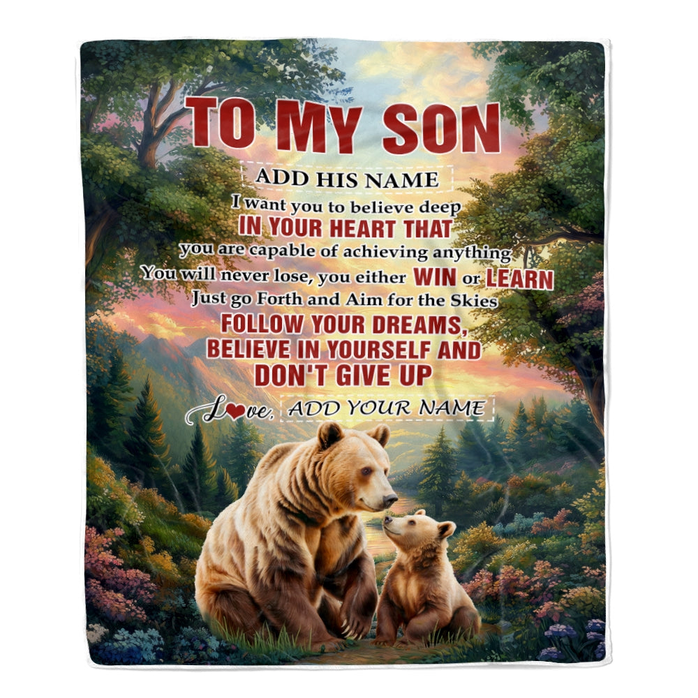 Personalized To My Son Gifts From Mom Dad Mother Father Blanket Don't Give Up Bear Gifts For Son Birthday Graduation Christmas Customized Fleece Throw Blanket | siriusteestore