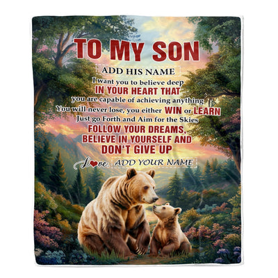 Personalized To My Son Gifts From Mom Dad Mother Father Blanket Don't Give Up Bear Gifts For Son Birthday Graduation Christmas Customized Fleece Throw Blanket | siriusteestore
