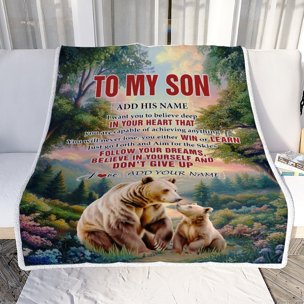 Personalized To My Son Gifts From Mom Dad Mother Father Blanket Don't Give Up Bear Gifts For Son Birthday Graduation Christmas Customized Fleece Throw Blanket | siriusteestore