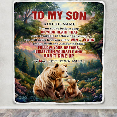 Personalized To My Son Gifts From Mom Dad Mother Father Blanket Don't Give Up Bear Gifts For Son Birthday Graduation Christmas Customized Fleece Throw Blanket | siriusteestore