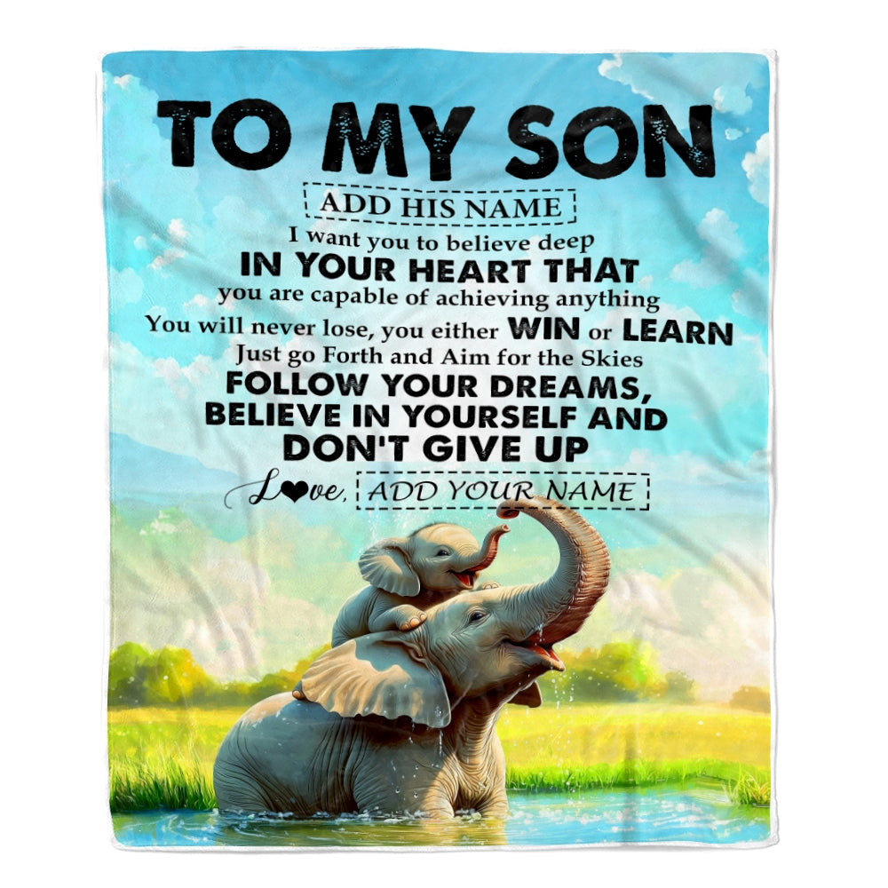 Personalized To My Son Gifts From Mom Dad Mother Father Blanket Don't Give Up Elephant Gifts For Son Birthday Graduation Christmas Custom Fleece Blanket | siriusteestore