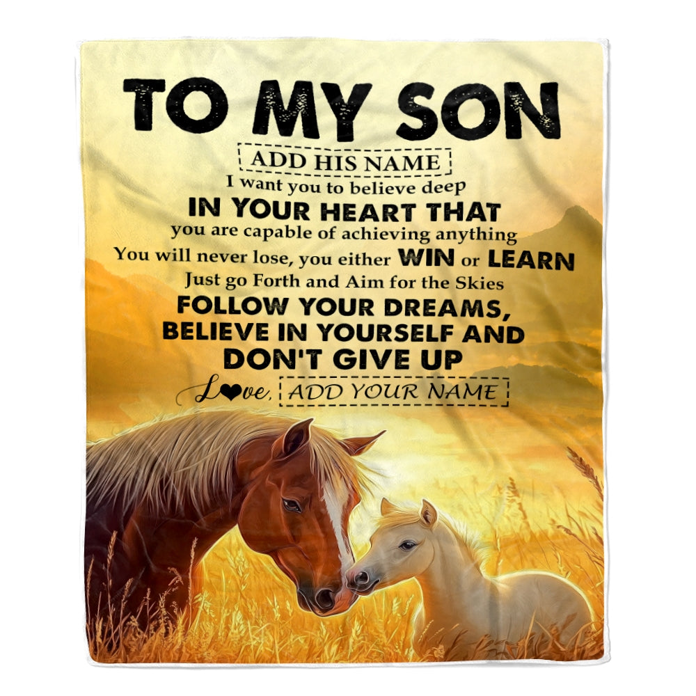 Personalized To My Son Gifts From Mom Dad Mother Father Blanket Don't Give Up Horse Gifts For Son Birthday Graduation Christmas Customized Fleece Blanket | siriusteestore