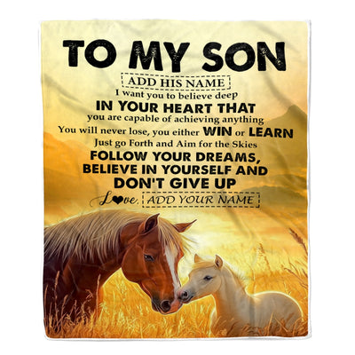 Personalized To My Son Gifts From Mom Dad Mother Father Blanket Don't Give Up Horse Gifts For Son Birthday Graduation Christmas Customized Fleece Blanket | siriusteestore