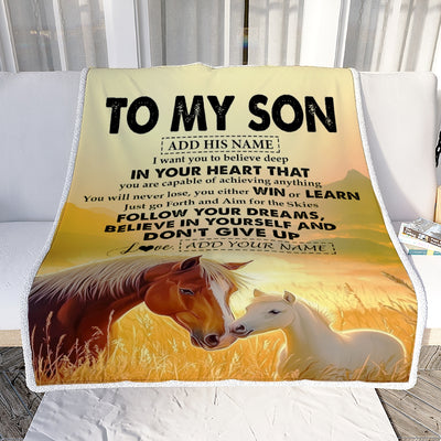 Personalized To My Son Gifts From Mom Dad Mother Father Blanket Don't Give Up Horse Gifts For Son Birthday Graduation Christmas Customized Fleece Blanket | siriusteestore