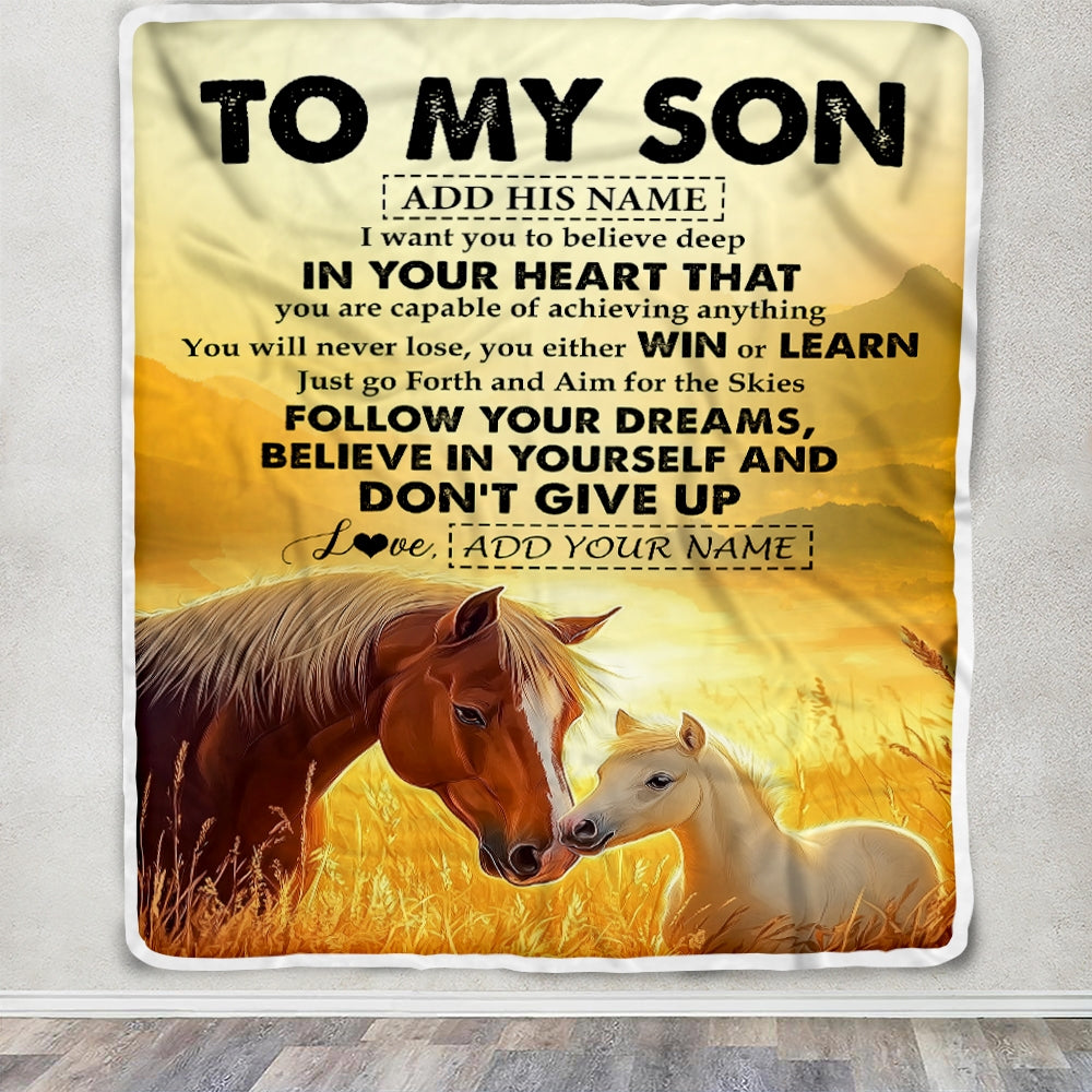 Personalized To My Son Gifts From Mom Dad Mother Father Blanket Don't Give Up Horse Gifts For Son Birthday Graduation Christmas Customized Fleece Blanket | siriusteestore