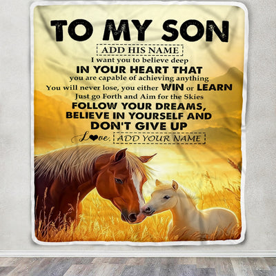 Personalized To My Son Gifts From Mom Dad Mother Father Blanket Don't Give Up Horse Gifts For Son Birthday Graduation Christmas Customized Fleece Blanket | siriusteestore