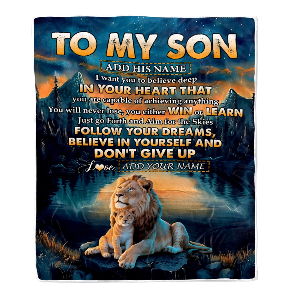 Personalized To My Son Gifts From Mom Dad Mother Father Blanket Don't Give Up Lion Gifts For Son Birthday Graduation Christmas Customized Fleece Throw Blanket | siriusteestore