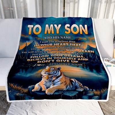 Personalized To My Son Gifts From Mom Dad Mother Father Blanket Don't Give Up Tiger Gifts For Son Birthday Graduation Christmas Customized Fleece Blanket | siriusteestore