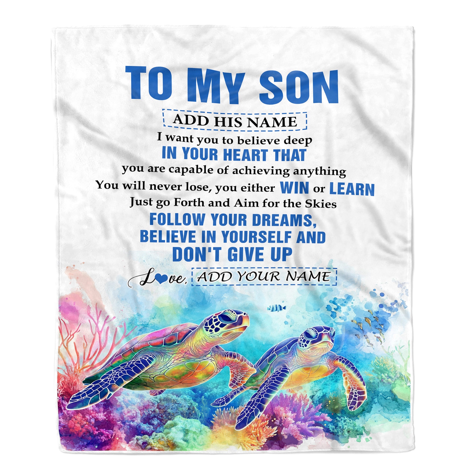 Personalized To My Son Gifts From Mom Dad Mother Father Blanket Don't Give Up Turtle Gifts For Son Birthday Graduation Christmas Customized Fleece Blanket | siriusteestore