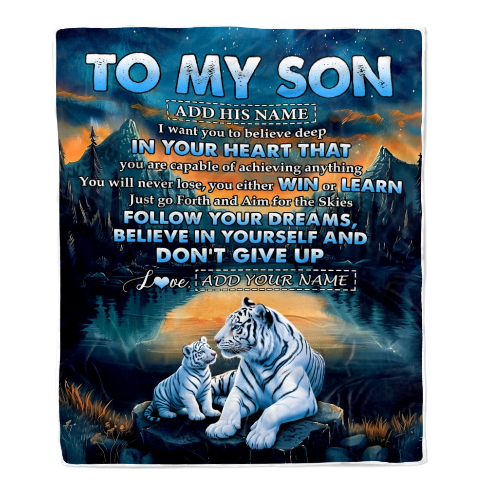 Personalized To My Son Gifts From Mom Dad Mother Father Blanket Don't Give Up White Tiger Gifts For Son Birthday Graduation Christmas Custom Fleece Blanket | siriusteestore