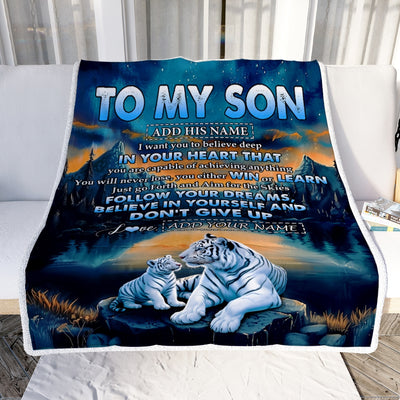 Personalized To My Son Gifts From Mom Dad Mother Father Blanket Don't Give Up White Tiger Gifts For Son Birthday Graduation Christmas Custom Fleece Blanket | siriusteestore