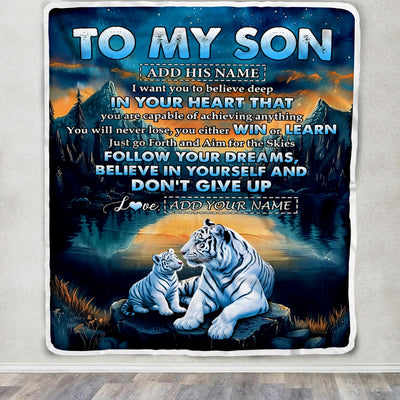 Personalized To My Son Gifts From Mom Dad Mother Father Blanket Don't Give Up White Tiger Gifts For Son Birthday Graduation Christmas Custom Fleece Blanket | siriusteestore