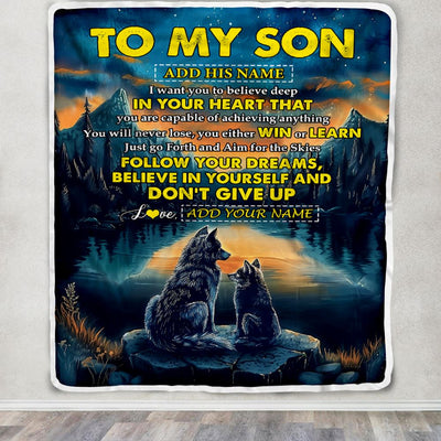 Personalized To My Son Gifts From Mom Dad Mother Father Blanket Don't Give Up Wolf Gifts For Son Birthday Graduation Christmas Customized Fleece Throw Blanket | siriusteestore