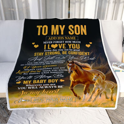 Personalized To My Son Gifts From Mom Dad Mother Father Blanket Horse Never Forget How Much I Love You Son Birthday Graduation Christmas Fleece Throw Blanket | siriusteestore