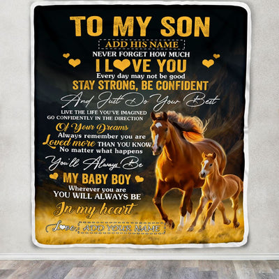 Personalized To My Son Gifts From Mom Dad Mother Father Blanket Horse Never Forget How Much I Love You Son Birthday Graduation Christmas Fleece Throw Blanket | siriusteestore