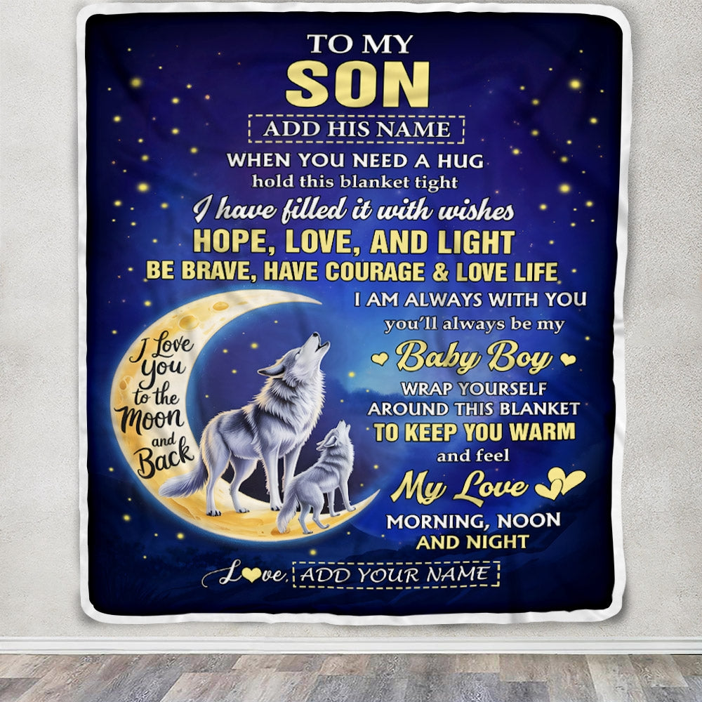 Personalized To My Son Gifts From Mom Dad Mother Father Blanket I Love You Moon And Back Wolf Son Birthday Gifts Christmas Graduation Custom Fleece Blanket | siriusteestore