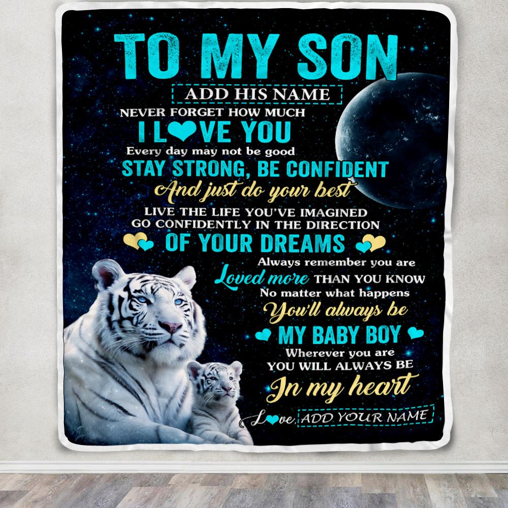 Personalized To My Son Gifts From Mom Dad Mother Father Blanket White Tiger Never Forget How Much I Love You Son Birthday Graduation Christmas Fleece Blanket | siriusteestore