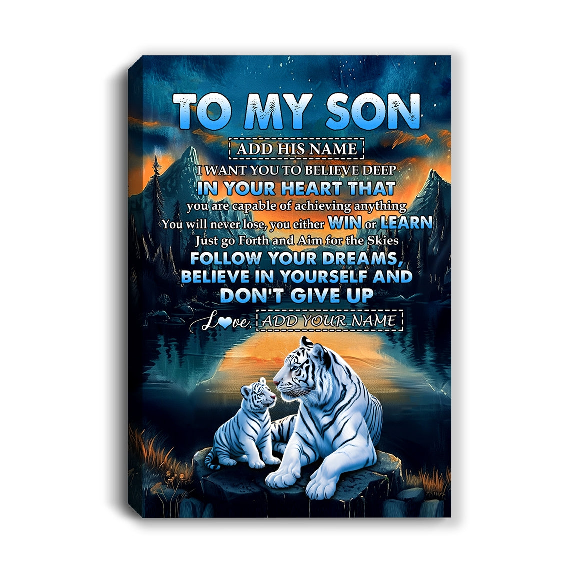 Personalized To My Son Gifts From Mom Dad Mother Father Canvas Don't Give Up White Tiger Gifts For Son Birthday Graduation Christmas Custom Wall Art Framed Canvas | siriusteestore
