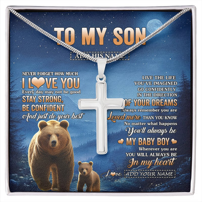 Stainless Cross Necklace Stainless Steel | 1 | Personalized To My Son Gifts From Mom Dad Mother Father Necklace Bear Never Forget How Much I Love You Son Birthday Gifts Christmas Gift Box Message Card | siriusteestore.myshopify