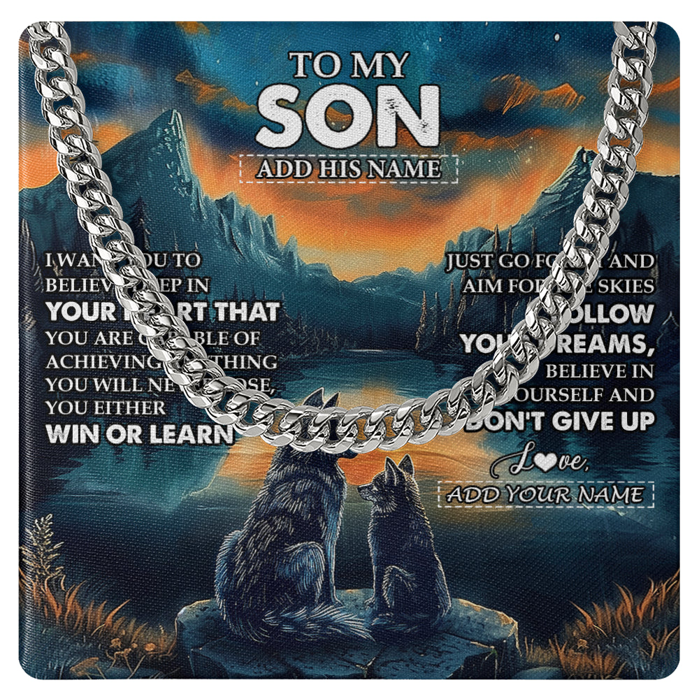 Cuban Link Chain Necklace Stainless Steel | 1 | Personalized To My Son Gifts From Mom Dad Mother Father Necklace Don't Give Up Wolf Gifts For Son Birthday Graduation Christmas Custom Gift Box Message Card | siriusteestore