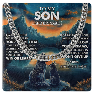 Cuban Link Chain Necklace Stainless Steel | 1 | Personalized To My Son Gifts From Mom Dad Mother Father Necklace Don't Give Up Wolf Gifts For Son Birthday Graduation Christmas Custom Gift Box Message Card | siriusteestore