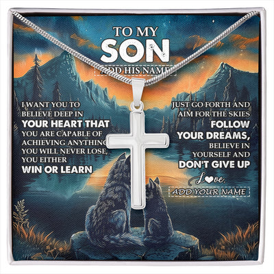 Stainless Cross Necklace Stainless Steel | 1 | Personalized To My Son Gifts From Mom Dad Mother Father Necklace Don't Give Up Wolf Gifts For Son Birthday Graduation Christmas Custom Gift Box Message Card | siriusteestore