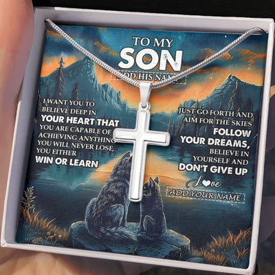 Stainless Cross Necklace Stainless Steel | 2 | Personalized To My Son Gifts From Mom Dad Mother Father Necklace Don't Give Up Wolf Gifts For Son Birthday Graduation Christmas Custom Gift Box Message Card | siriusteestore