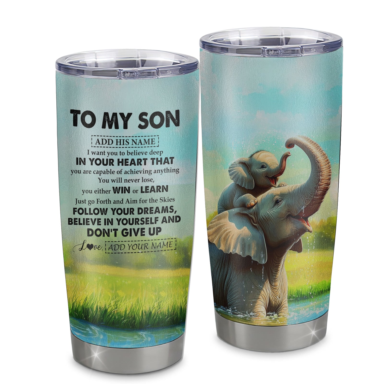 Personalized To My Son Gifts From Mom Dad Mother Father Tumbler Don't Give Up Elephant Gifts For Son Birthday Graduation Christmas Custom Stainless Steel Travel Mug | siriusteestore