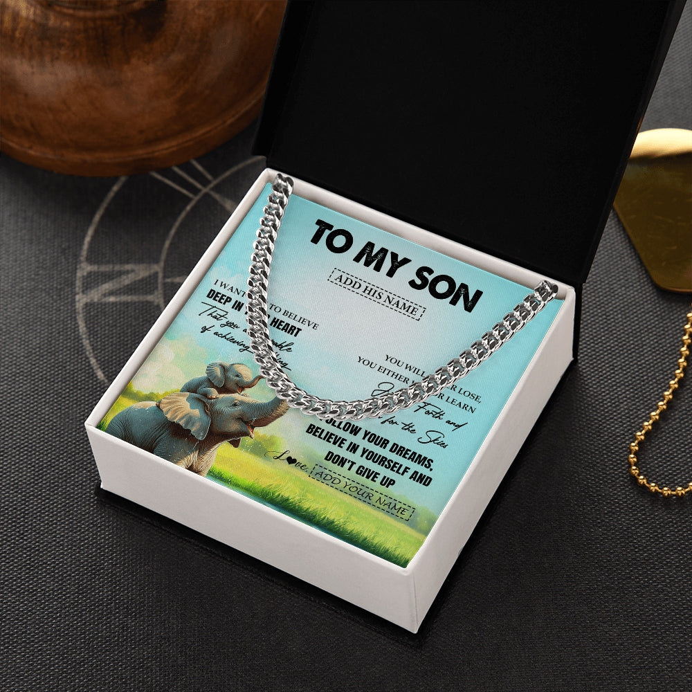 Cuban Link Chain Necklace Stainless Steel | 2 | Personalized To My Son Gifts From Mom Dad Mother Necklace Don't Give Up Elephant Gifts For Son Birthday Graduation Christmas Custom Gift Box Message Card | https://siriusteestore.