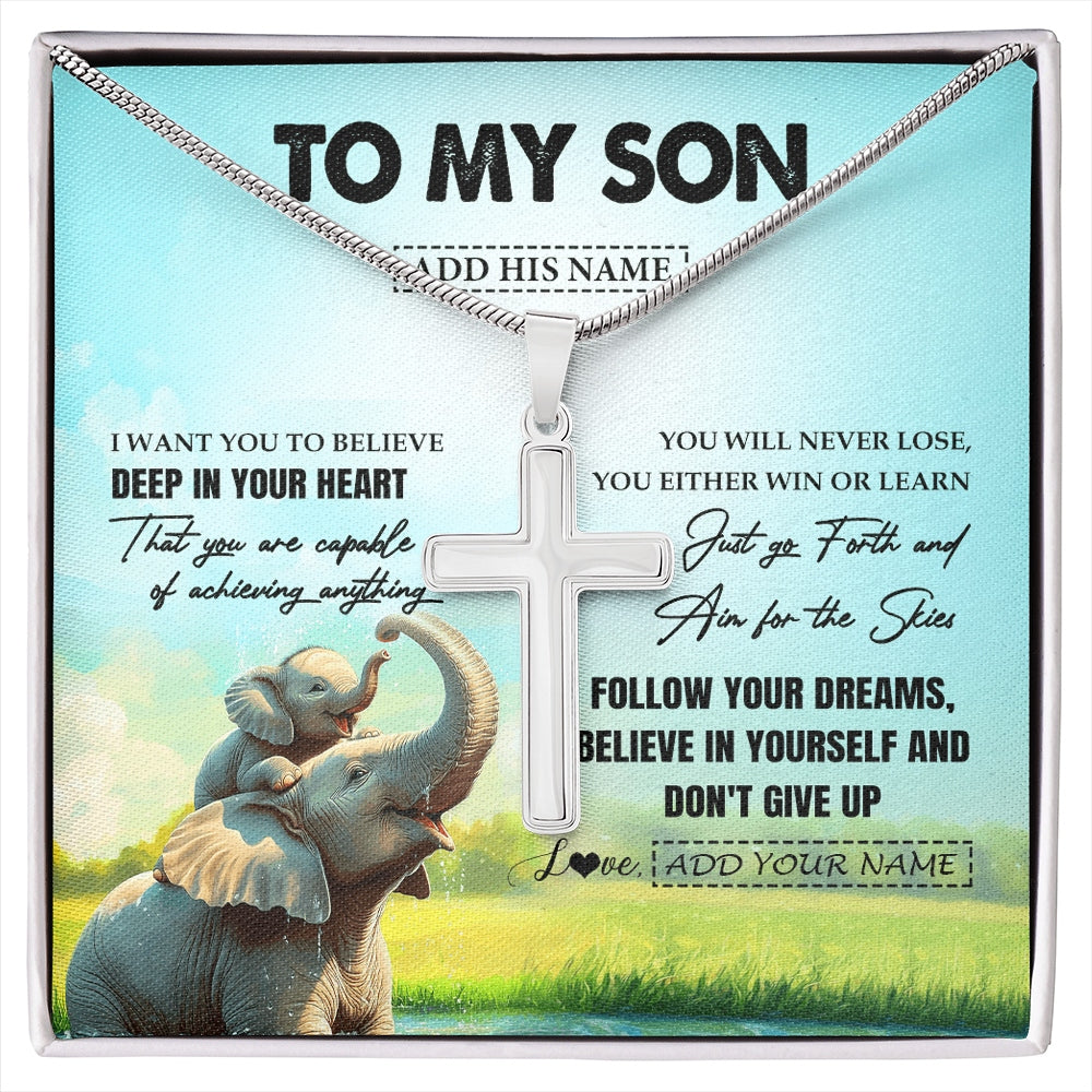 Stainless Cross Necklace Stainless Steel | 1 | Personalized To My Son Gifts From Mom Dad Mother Necklace Don't Give Up Elephant Gifts For Son Birthday Graduation Christmas Custom Gift Box Message Card | https://siriusteestore.