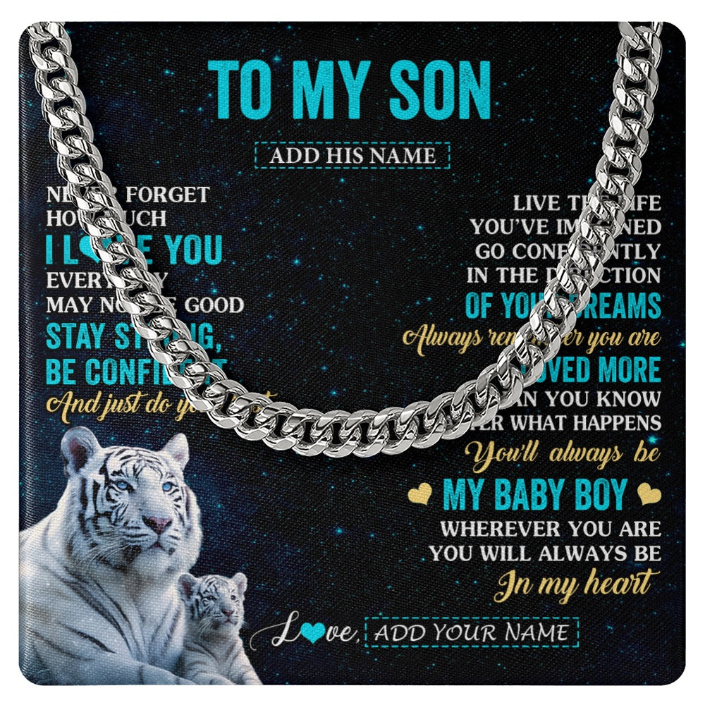 Cuban Link Chain Necklace Stainless Steel | 1 | Personalized To My Son Gifts From Mom Dad Necklace White Tiger Never Forget How Much I Love You Son Birthday Graduation Christmas Gift Box Message Card | siriusteestore.myshopify