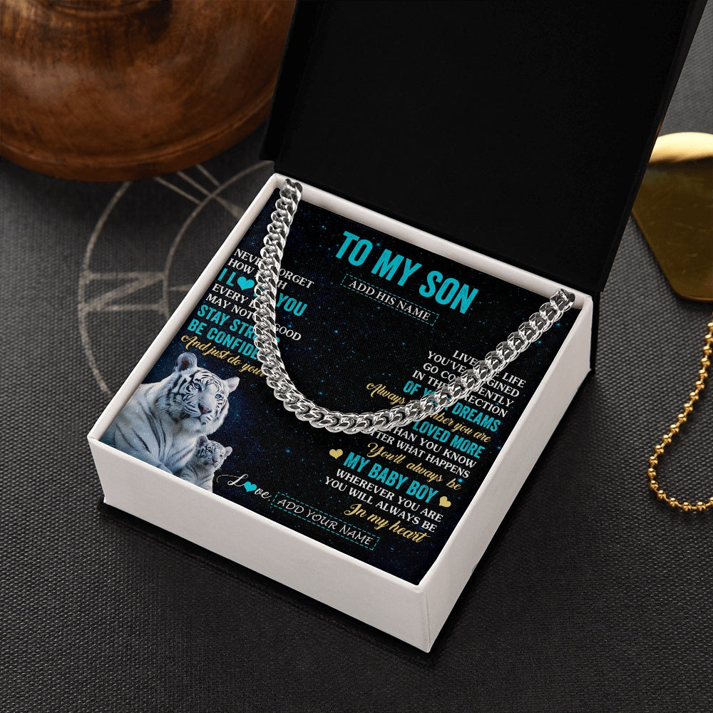 Cuban Link Chain Necklace Stainless Steel | 2 | Personalized To My Son Gifts From Mom Dad Necklace White Tiger Never Forget How Much I Love You Son Birthday Graduation Christmas Gift Box Message Card | siriusteestore.myshopify