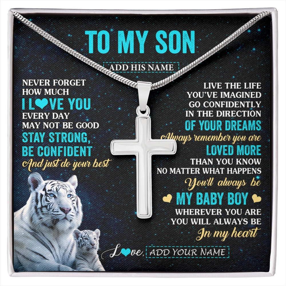 Stainless Cross Necklace Stainless Steel | 1 | Personalized To My Son Gifts From Mom Dad Necklace White Tiger Never Forget How Much I Love You Son Birthday Graduation Christmas Gift Box Message Card | siriusteestore.myshopify