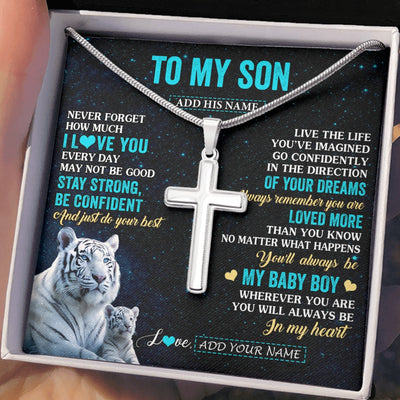 Stainless Cross Necklace Stainless Steel | 2 | Personalized To My Son Gifts From Mom Dad Necklace White Tiger Never Forget How Much I Love You Son Birthday Graduation Christmas Gift Box Message Card | siriusteestore.myshopify