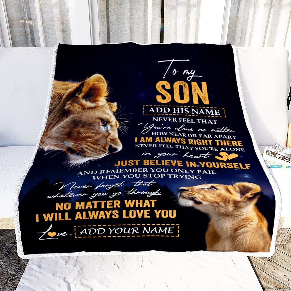 Personalized To My Son Gifts From Mom Mother Blanket Lion Never Feel Alone Birthday Gifts Son Graduation Valentines Ideas Christmas Custom Fleece Throw Blanket | siriusteestore
