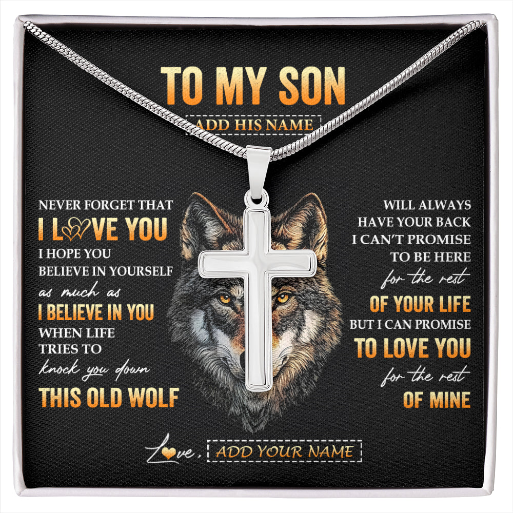 Stainless Cross Necklace Stainless Steel | 1 | Personalized To My Son Gifts From Mom Mother Dad Father Necklace Old Wolf Love You Son Birthday Gifts Graduation Christmas Customized Gift Box Message Card | siriusteestore