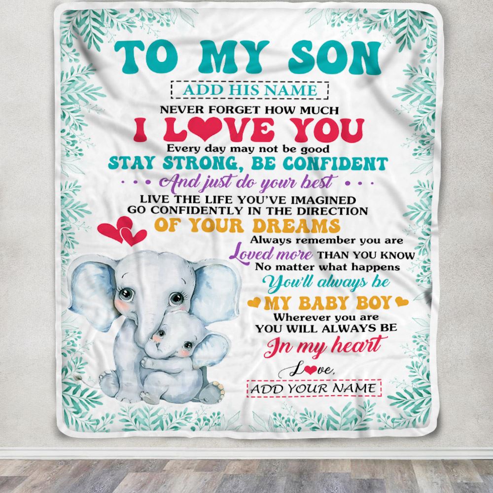 Personalized To My Son Gifts From Mom Mother Father Blanket Elephant Never Forget How Much I Love You Son Birthday Gifts Graduation Christmas Fleece Blanket | siriusteestore