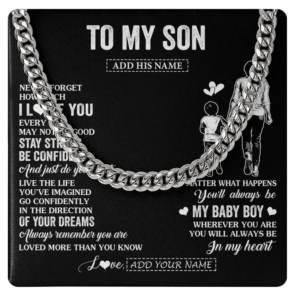Cuban Link Chain Necklace Stainless Steel | 1 | Personalized To My Son Gifts From Mom Mother Necklace Never Forget How Much I Love You Son Birthday Graduation Christmas Custom Gift Box Message Card | https://siriusteestore.