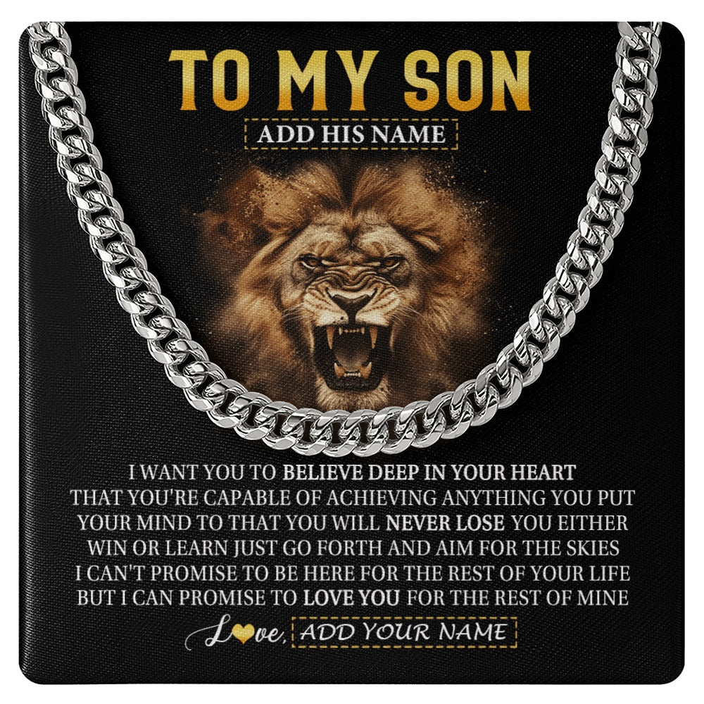 Cuban Link Chain Necklace Stainless Steel | 1 | Personalized To My Son Gifts Necklace From Dad Mom Father Believe In Your Heart Lion Son Birthday Gifts Graduation Christmas Custom Gift Box Message Card | https://siriusteestore.