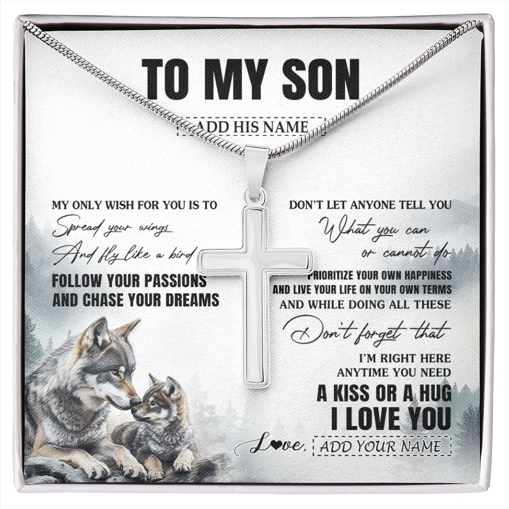 Stainless Cross Necklace Stainless Steel | 1 | Personalized To My Son Gifts Necklace From Dad Mom Mother Father Wolf My Only Wish For You Son Birthday Gifts Graduation Christmas Custom Gift Box Message Card | https://siriusteestore.