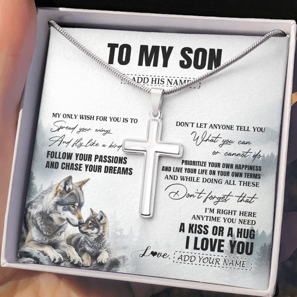 Stainless Cross Necklace Stainless Steel | 2 | Personalized To My Son Gifts Necklace From Dad Mom Mother Father Wolf My Only Wish For You Son Birthday Gifts Graduation Christmas Custom Gift Box Message Card | https://siriusteestore.