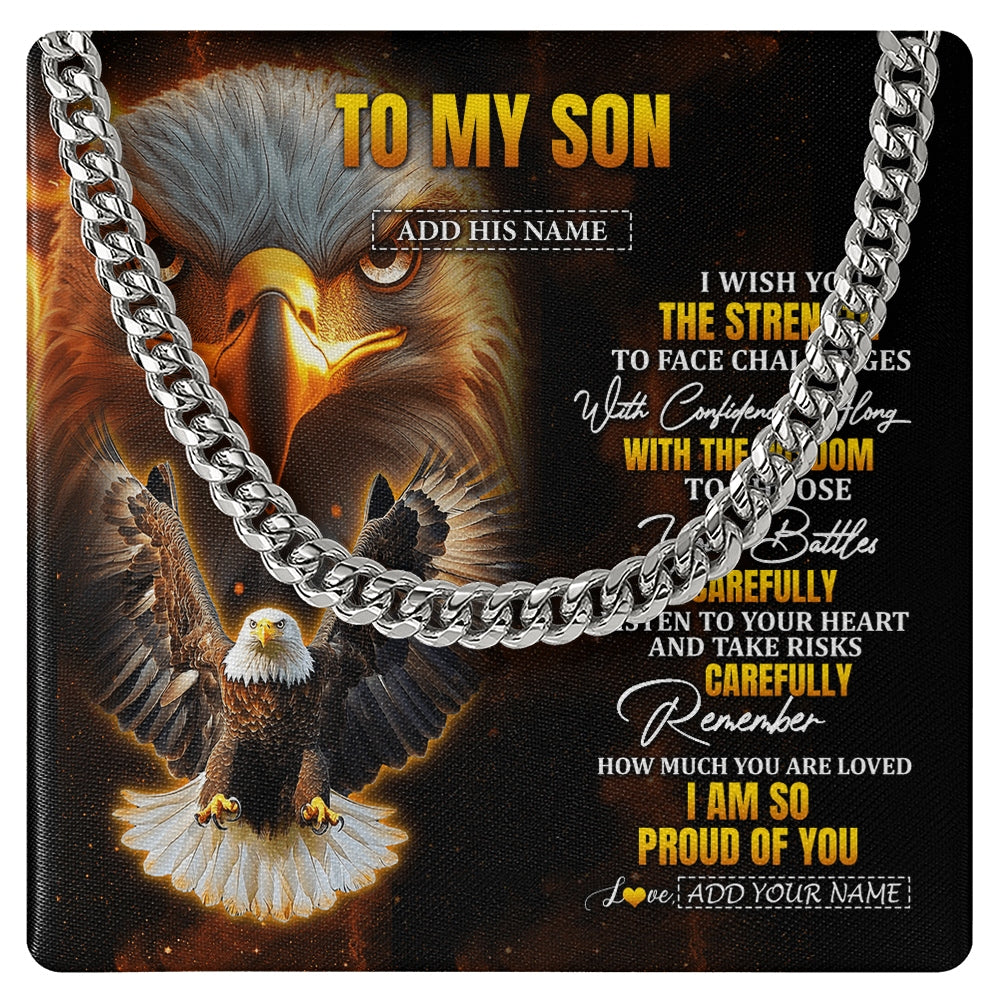 Cuban Link Chain Necklace Stainless Steel | 1 | Personalized To My Son Gifts Necklace From Mom Dad Father I Wish You The Strength Eagle Son Birthday Gifts Christmas Graduation Custom Gift Box Message Card | https://siriusteestore.